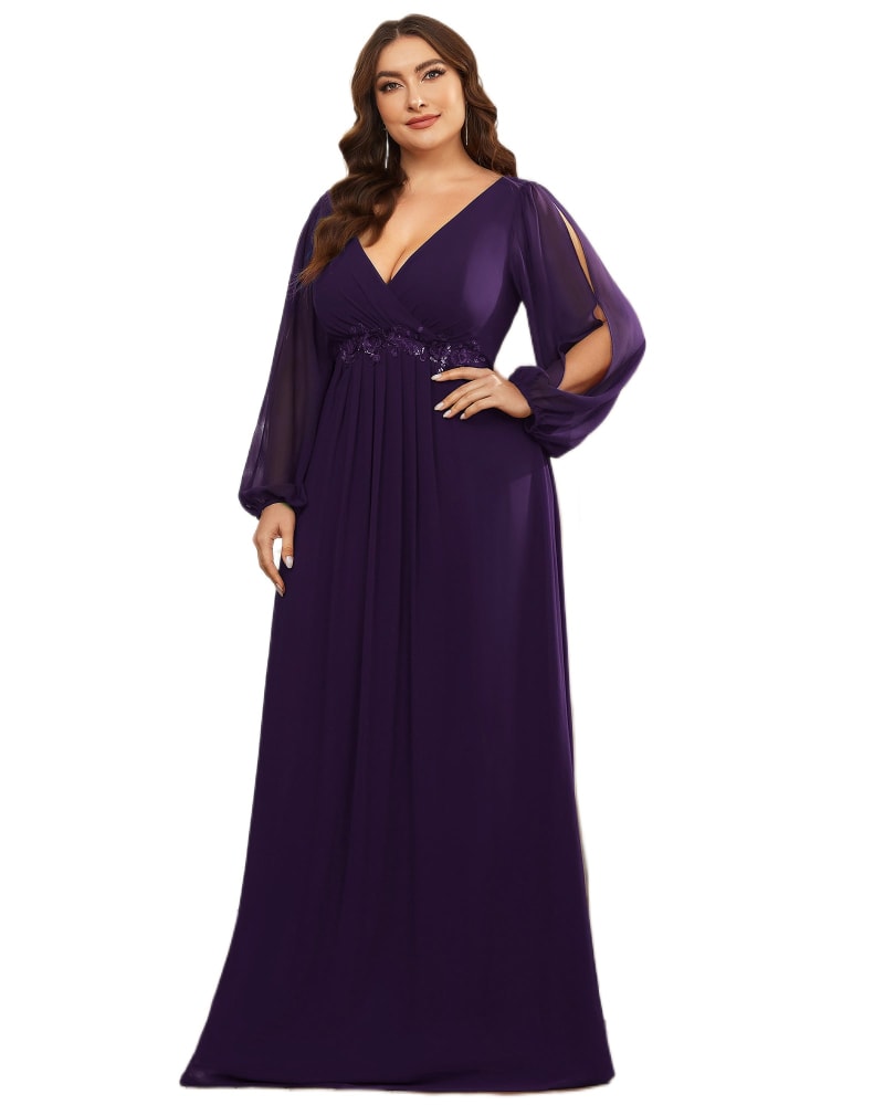 Front of a model wearing a size 18 Chiffon V-Neckline Long Sleeve Formal Evening Dress in Dark Purple by Ever-Pretty. | dia_product_style_image_id:328368